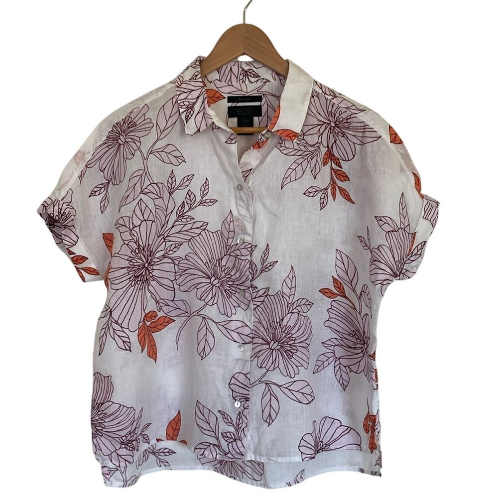 Rachel Roy Womens 100% Linen Short Sleeve Button Front Top Size M White Floral